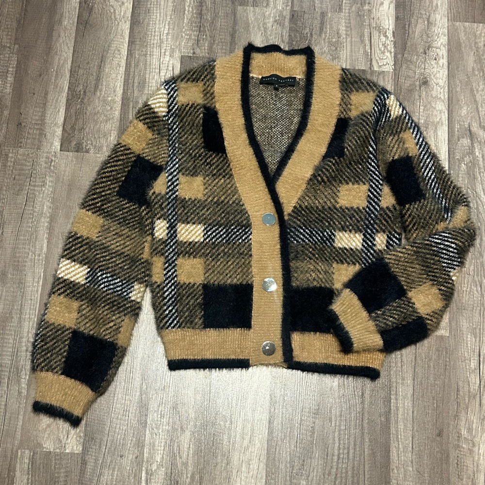 Plaid Fuzzy Tan and Black Women's Cardigan Brown Black and Tan